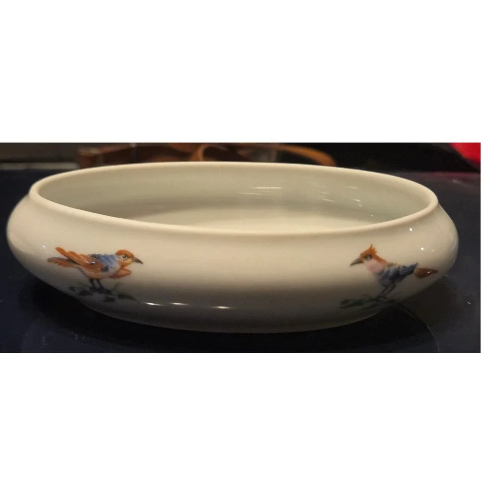 Limoges Trinket Bowl OvalSmall Cream Hand Painted Bird Floral Gold Scroll